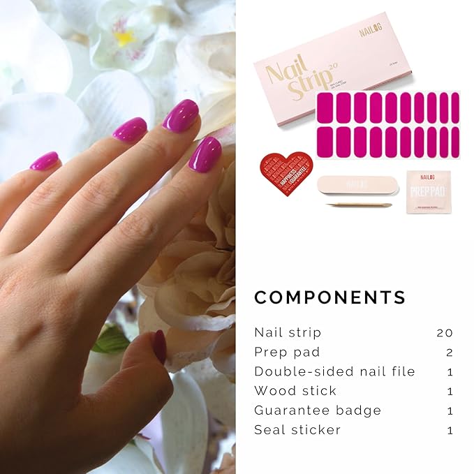 NAILOG Semi Cured Gel Strips - 20 Pcs Nail Stickers | Buy 2 Get 1 UV Light | Extra Long Wraps With Glossy Gel Finishing Rose Red, Magen