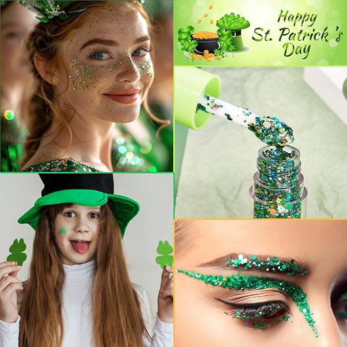 St. Patrick‘s Day Body Glitter Duo with Brush - Dark Green & Light Green Chunky Glitter, 2-Pack for Face, Body & Hair | Long Lasting Festival Makeup