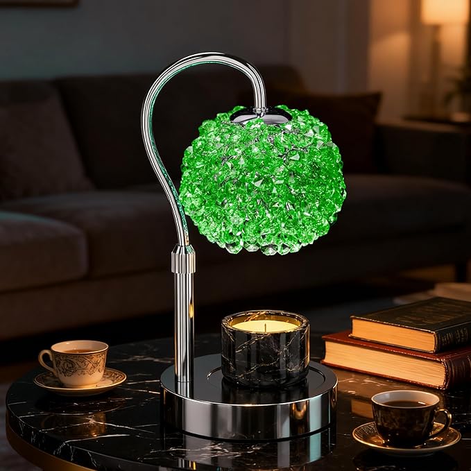 Luxury Candle Warmer Lamp with Crystal Gemstone Shade & Color-Changing Premium Base - Adjustable LED Wax Melt Warmer for Home Decor (Green)