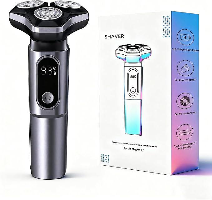 Electric Razor for Men Cordless: Wet/Dry Rotary Shaver Waterproof - USB Fast Charging & Sensitive Skin Care. 3-Blade Rotary Shaving System.LED Display, Travel Lock