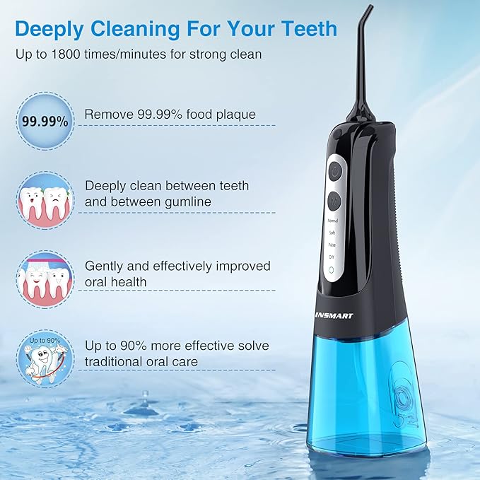 INSMART Water Flosser for Teeth: Cordless Dental Electric Flosser for Oral Care,Rechargeable Floss DIY Mode IPX7 Waterproof,Portable Travel Flossers Set for Teeth Cleaning with 4 Modes