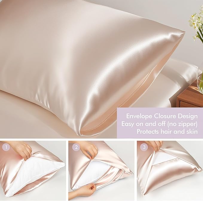 KISMETICS - Vegan Silk Sleep Set, Vegan Silk Pillowcase with Large Scrunchie and Eye Mask for Hair and Skin, Self Care Essential Satin Night Routine Kit (Light Pink Color)