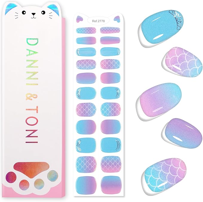 DANNI & TONI Kids Gel Nail Strips Mermaid Crown Blue Purple Aurora Ombre Salon-Quality Peel & Stick Manicure for Children (Age 6+)– Safe, Long-Lasting, Easy to Apply |Mermaid Glimmer