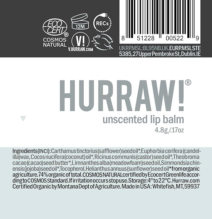 Hurraw! Unscented Lip Balm, 3 Pack: