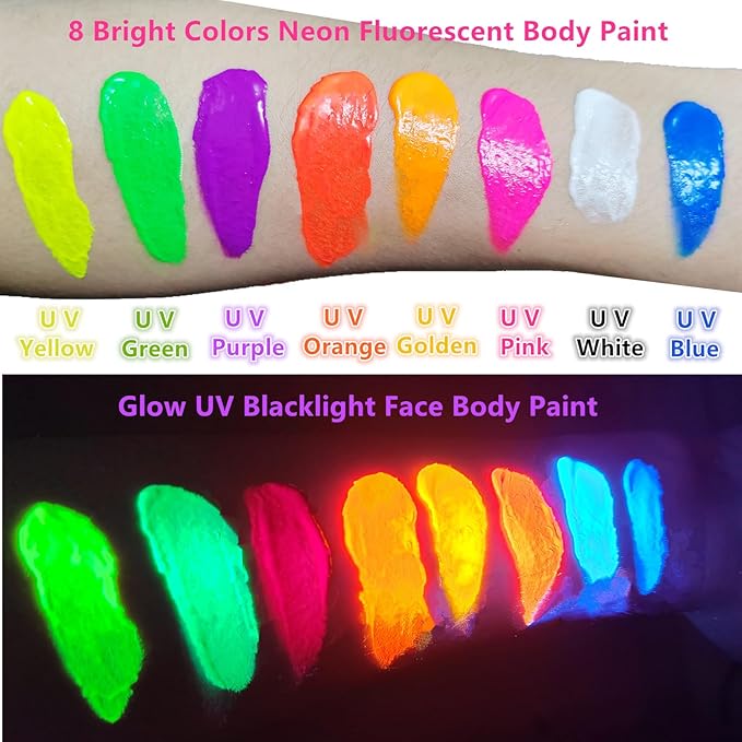 Go Ho UV Blacklight Neon Orange Face Body Paint,Water Based Bright Color Neon Fluorescent Body Paint with Cushion Applicator,Glow In The Dark Under UV Lighting Party Halloween Makeup Washable
