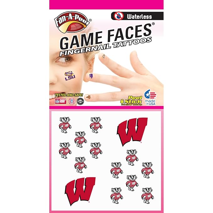 Fan-A-Peel Wisconsin Fingernail Temporary Tattoos - Officially Licensed -Hypoallergenic- Waterproof - Just Peel and Stick- No Water Needed- Made in USA. - Officially Licensed