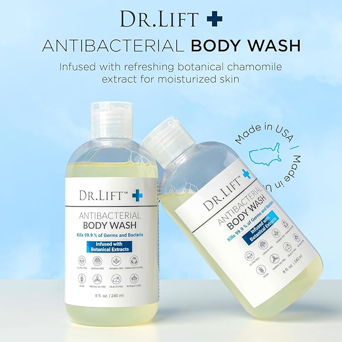 DR. LIFT Antibacterial Body Wash, Refreshing Scent, Hydrating Shower or Bath Cleanser With Citric Acid, Spirulina, and Lemon, Clean Moisturizing Formula, Vegan, Paraben and Phthalate Free, 8 Fl Oz