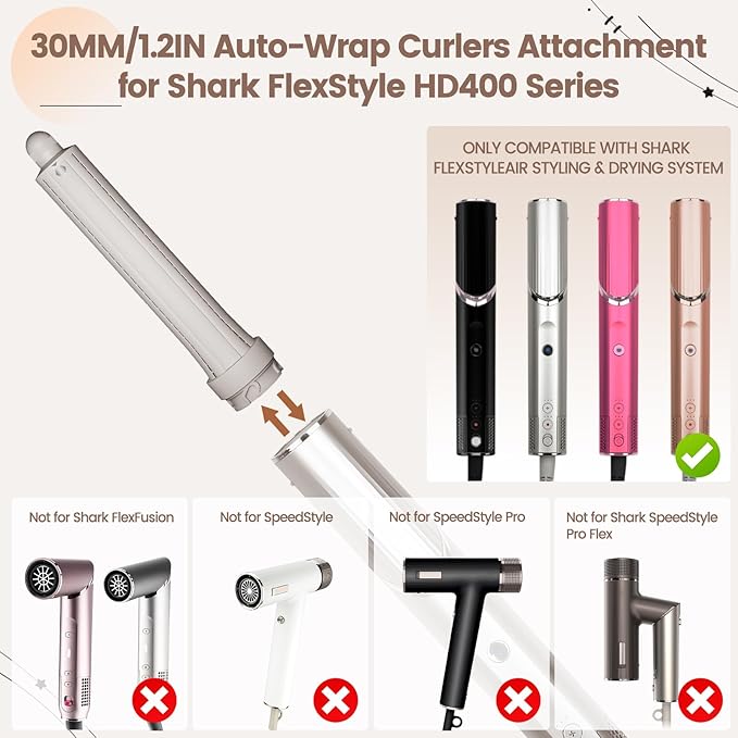 1.2in Long Hair Curling Barrel Attachment Compatible with Shark FlexStyle, Self-Curling Accessories for Shark Flex Style HD400 Series with Both Curl Directions for Defined Curls