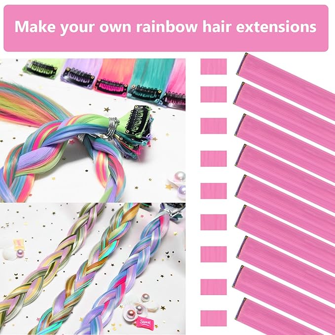 Colored Pink Hair Extensions 14 PCS, 22 In Colorful Clip in Hair Extensions Party Highlights, Dream Rainbow Long Straight Synthetic Hairpieces for Women Cosplay Gift(Pink)