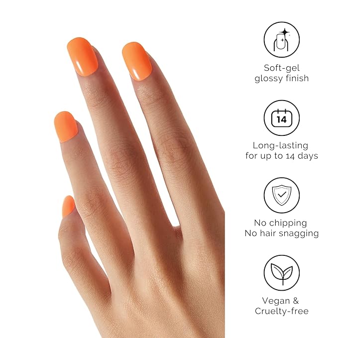 Semi Cured Gel Nail Strips - NAILOG 20 Pcs Orange Gel Nail Stickers Extra Long Nail Wraps with Glossy Gel Finishing for Spring Summer, Orange Bomb
