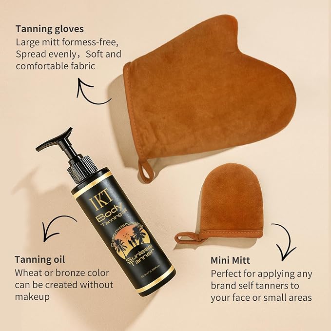 PasaRose Self Tanning Oil,3.38 fl. oz. Premium After Tanning Oil Moisturizer and Ergonomic Vegan Big and Small 2 Tanning Mitts | Streak-Free Self Tanner for Body & Face