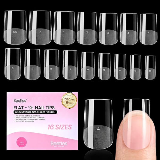 Beetles Gel Nail Tips Square Short, 320pcs 16 Sizes, Flat-X Pre-Etched Half Matte Full Cover Soft Acrylic Press on False Nail Extension Tips Easy DIY Salon Art for Flat & Natural Nail Beds