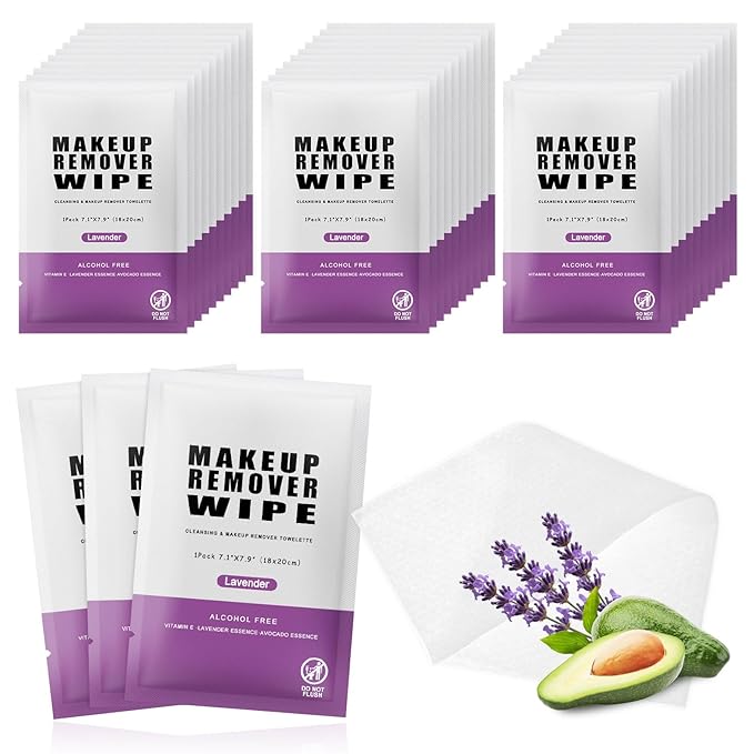Pack of 100 Makeup Remover Wipes Individually Wrapped,Lavender Scent,Face Cleansing Wipes Bulk, Travel Towelette Makeup Remover Cloth for Face Cleansing Skin Care Remove Makeup