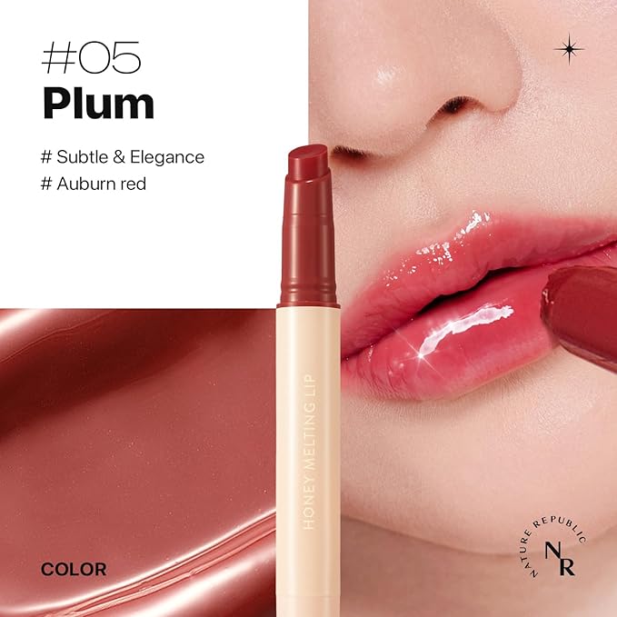 Nature Republic HONEY MELTING LIP (05 PLUM) SOFT LIP STICK, Hydrating Gloss, Moisturizing balms, Sheer tint, Shine & Glowy Finish, korean make up