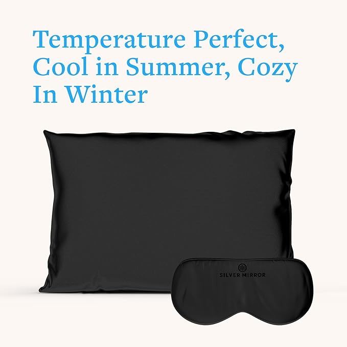Silver Mirror Silk Sleep Essentials Set in Black: Pillowcase and Eye Mask, 25" x 19.5" Fits Standard Queen Pillow, 22mm 6A Grade, for Gentle Sleep, Anti-Breakage, Tangles, Creases, and Wrinkles