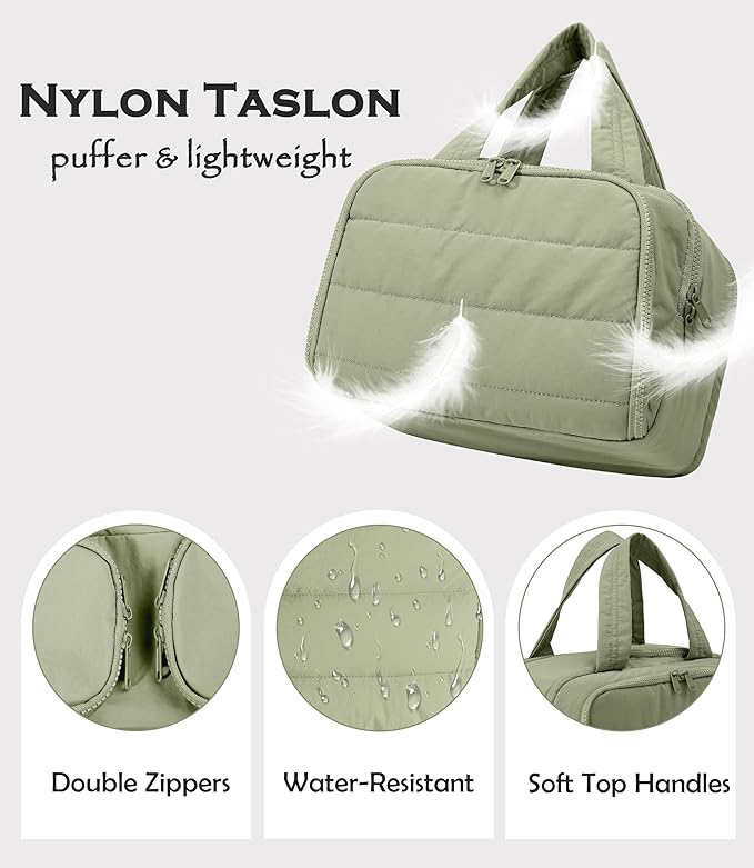 BUZFOWU Travel Toiletry Bag for Women, Large Wide-open Puffy Cosmetic Makeup Bag with Wet-Dry Separation, Multi-Pocket Organizer with Carry Handle for Toiletries, Cosmetics, Essentials, Green