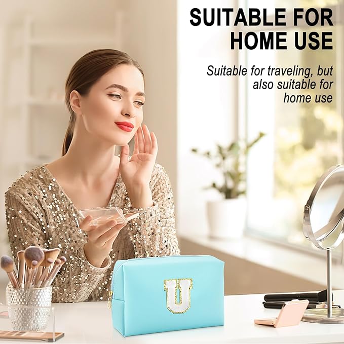 URSKYTOUS Gifts for Girls Initial Makeup Bag Personalized Cosmetic Bag with Zipper Cute Travel Toiletry Bag Waterproof PU Preppy Makeup Pouch Birthday Gift for Teen Girls Women(Blue U)