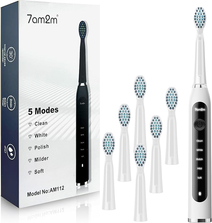 7AM2M Sonic Electric Toothbrush for Adults High Power Rechargeable Toothbrushes with 6 Brush Heads,5 Adjustable Modes, Built-in 2-Minute Smart Timer,3 Hours Fast Charge for 45Days Ivory