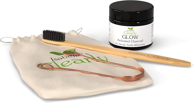 Glow Natural Teeth Whitening Kit – Activated Charcoal Tooth Powder + Bamboo Toothbrush + Copper Tongue Cleaner | Fluoride Free, Non-Peroxide Oral Care