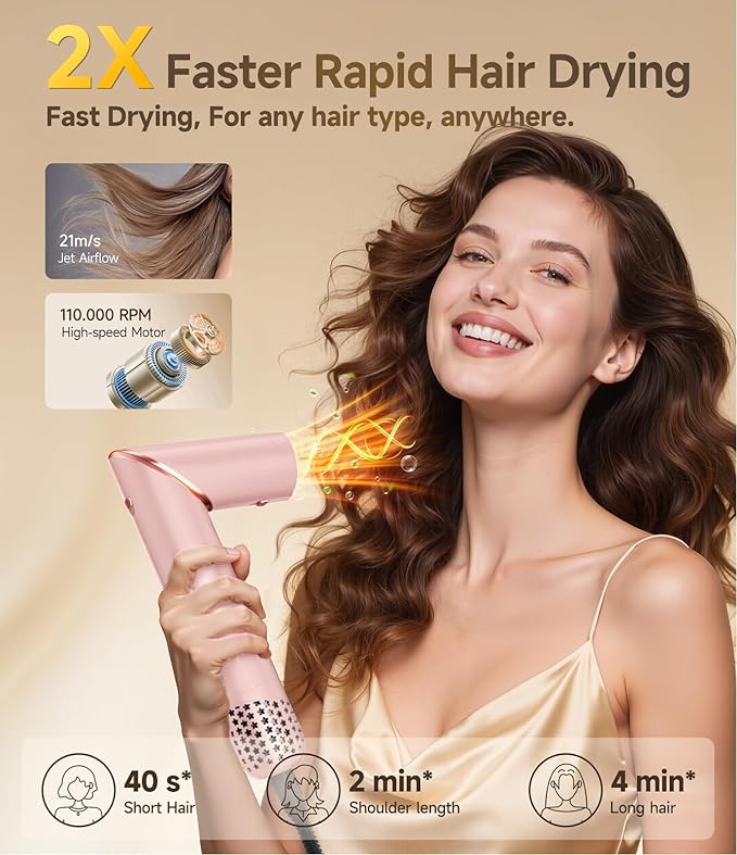 8 in 1 Hair Styler Curler & Air Dryer Brush, 110,000 RPM High-Speed Negative Ionic Foldable Hair Dryer Fast Drying, Multi Professional Hot air Styler for Curling Volumizing Straightening Styling(Pink)