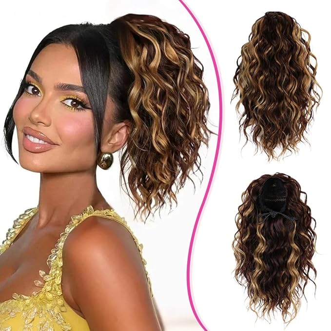 Short Deep Wave 10 Inch Drawstring Ponytail for Women Curly Ponytail Hair Extension Curly Deep Wave Hair Ponytail for Daily Use(P4/27)