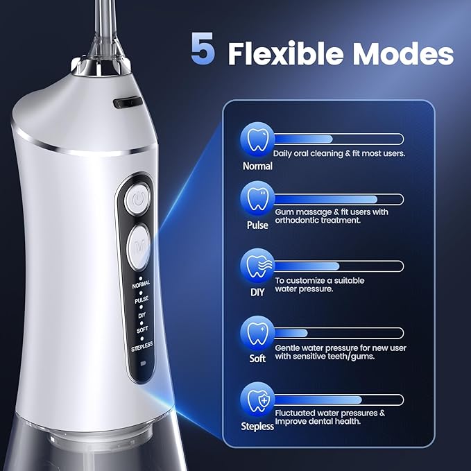 Water Flosser for Teeth Cleaning and Flossing, 5 Modes Rechargeable Cordless Oral Irrigator 320ml Water Tank Teeth Cleaner, IPX7 Waterproof Portable Electric Dentel Flossers for Home and Travel,White