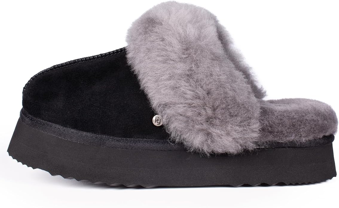 Parfeying Women's Shearling Slippers Genuine Leather with Rubber Sole, Sheepskin Fuzzy Indoor Outdoor Shoes for Home
