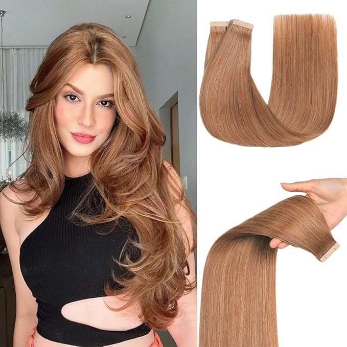 Tape in Hair Extensions Human Hair 20pcs Remy Hair Extensions 18 Inch Light Brown Straight Invisible Human Hair Tape in Extensions Skin Weft Tape Extensions Human Hair (30#,18 Inch)