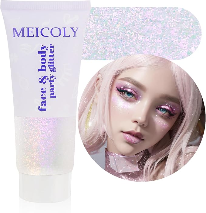 MEICOLY Fine Face Body Glitter,Holographic Color Changing Glitter Gel for Body,Face,Hair,Lip,Eye,Long Lasting Self-Adhesive Sequins Glitter Face Paint Makeup,Sparkling Pink,50ml