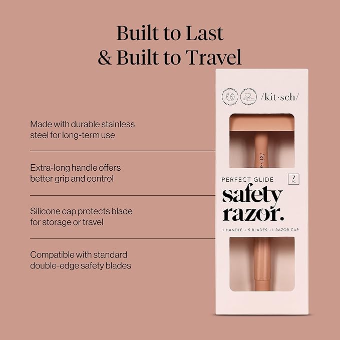 Kitsch Double Edge Safety Razors for Women and Men, Long Metal Handle and Stainless Steel Single Blade Razor with 5 Double Edge Refills, for Shaving and Travel Essentials - Terracotta