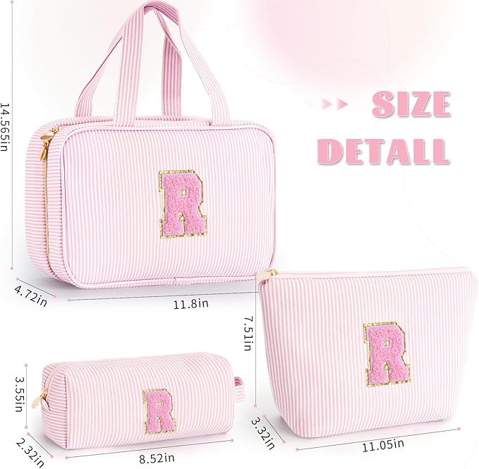 Fystdtote Initial Toiletry Bag Makeup Bag for Girls,Travel Cosmetic Bag with Small Makeup Brush Bag Personalized Wife Friend Gifts Makeup Birthday Gifts for Women Her - Pink R