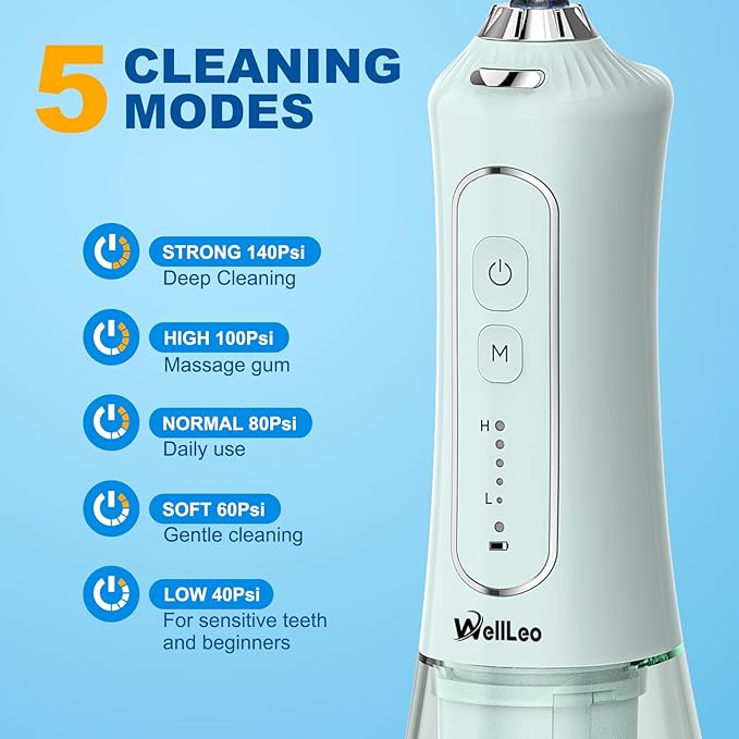 WellLeo Water Flosser for Teeth, 300ML Cordless Oral Irrigator Rechargeable Dental Flosser Picks with 5 Modes 5 Jet Tips,IPX7 Waterproof Teeth Cleaner for Braces Gum Care, Home Travel Use