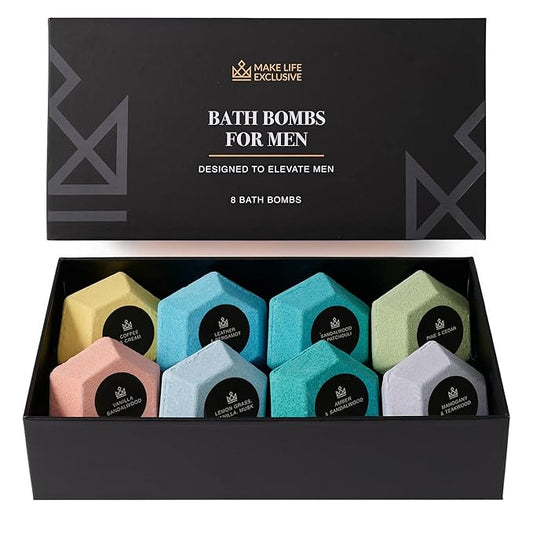 Bath Bombs for Men – 8 Large Diamond Shape Natural Mens Bath Bombs | Relaxing Bubble Bath Set & Bubble Bath Balls for Men | Masculine Scents & Skin Soothing Gift Set