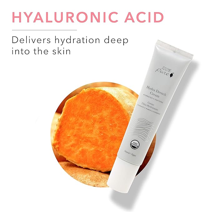 100% PURE Hydra Drench Cream, Daily Face Moisturizer with Hyaluronic Acid, Rose Water, Skin Care for All Skin Types, Natural Face Cream - 1.4 Fl Oz