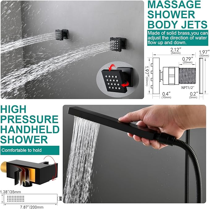 HOMEDEC 15.7x31.5" Ceiling Mounted Rainfall and 6" Wall Mounted Shower Heads with 6 Body Jets, Dual Shower Head System Rain Shower Faucet Set, Black