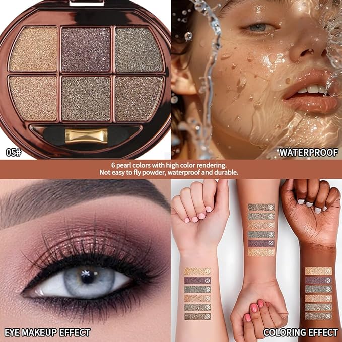6-Color Shimmer Eyeshadow Palette, High Pigmented Metallic Sparkle Glitter Eye Shadow, Smooth Blendable Long Lasting Glow Finish for Smoky Eye, Glam Makeup, Party, Evening, Night Look, Mature Eyes