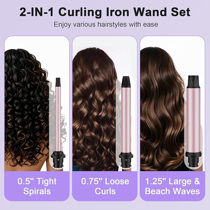 3 in 1 Curling Wand Set, Curling Iron Set with 3 Interchangable Ceramic Curling Wands (0.5”-1.25”), Fast Heating Up Hair Curler, Dual Voltage Wand Curling Iron