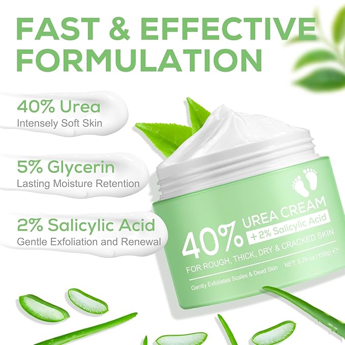 Generic 40 Percent Urea Cream plus 2 Percent Salicylic Acid - for Rough Thick Dry & Cracked Skin - Gently Exfoliates - Feet Hands Elbows - Tea Tree, Aloe Vera - 5.29 Oz(150g), Green