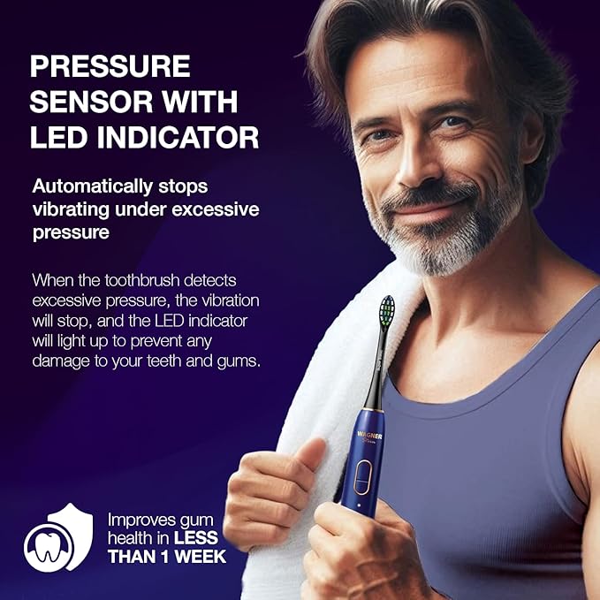 Wagner Stern IntelliBrush Series Whitening Electric Toothbrush with Pressure Sensor. Offers 4 Brushing Modes, 3 intensities, 8 Soft Brush Heads, and a Luxury Travel case.