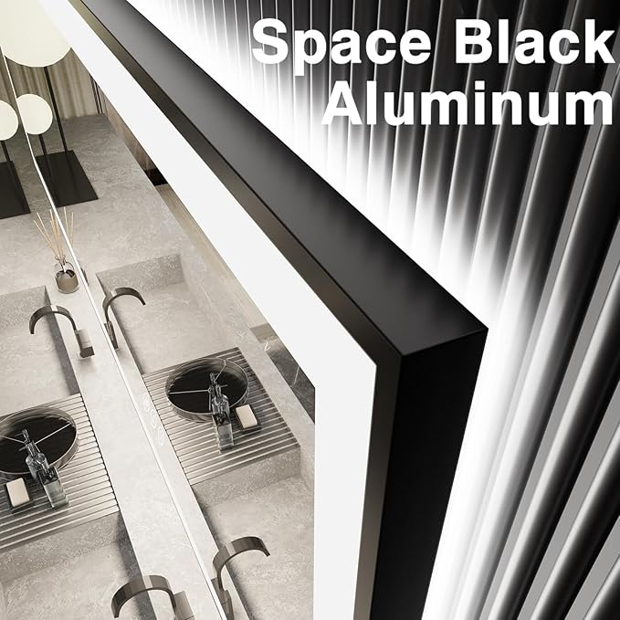 30x36 Lighted Mirrors for Bathroom Wall, Modern Rectangle Matte Black Mirror, Tempered Glass，Double Lights, 3 Colors Dimmable Temperature, IP54 Enhanced Anti-Fog, Memory (Horizontal/Vertical)