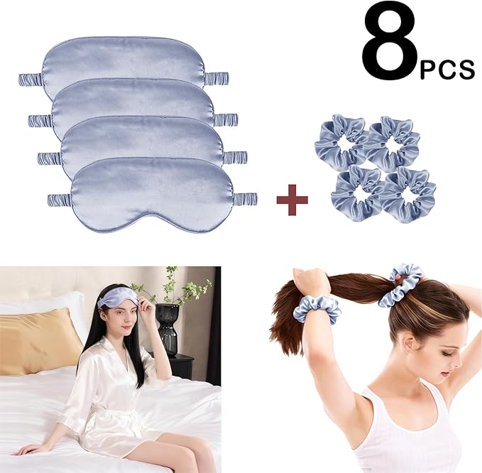 Satin Eye Mask 8Pcs Silk Sleep Masks Silky Blindfold Eyeshade Blackout Eyes Cover Scrunchies Hair Ties Travel Wedding Gifts