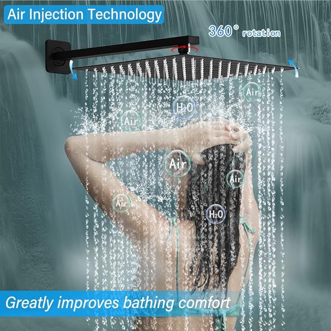 YCAIKOI Shower Faucet Set Complete, Wall Mount Shower System for Bathroom 12 Inch High-Pressure Rainfall Shower with Handheld, Rough-in Valve Body and Trim Kit, Matte Black