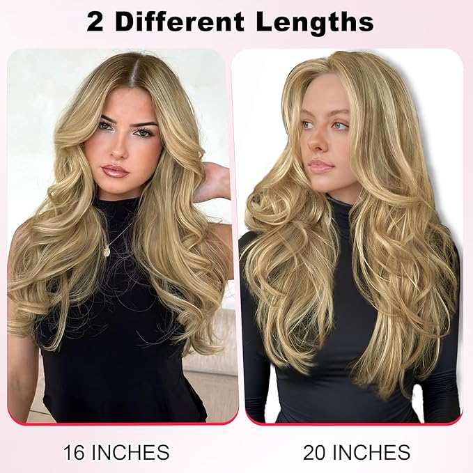 ALXNAN Long Wavy Layered Hair Extensions for Women, Clip in Hair Extensions Clip Ins Soft Full Head Synthetic Hairpieces 16 Inch Dirty Blonde