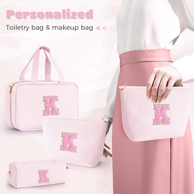 Fystdtote Valentines Day Gifts for Teenage Girls Stocking Stuffers for Teen Girls Initial Toiletry Bag | Cosmetic Travel Makeup Bag | 8 9 10 11 12 13 14 15 16 Years Old Girl Trendy Stuff - Pink K