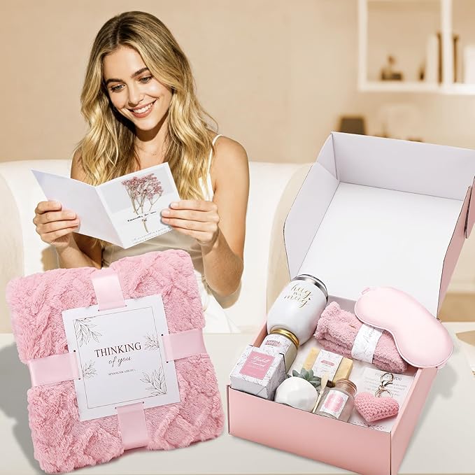 CuriBox Get Well Gifts for Women Self Care Gifts Basket - Relaxing Spa Care Package After Surgery Thinking of You Birthday Gift - Feel Better Sympathy Gift Set for Her Mom Sister Friend Wife (Pink)