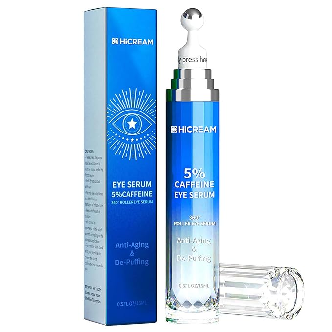 Hicream Eye Cream with 5% Caffeine Hyaluronic Acid, Eye Serum with 360° Roller Massage Ball for Puffy, Fine Lines, Dark Circles and Wrinkles, Under eye Treatment Serum for Women & Men