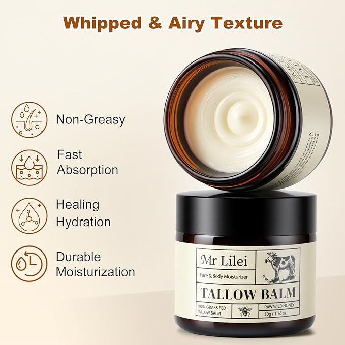 Beef Tallow for Skin, Grass-Fed Beef Tallow Balm, Beef Tallow Cream, Face & Body Moisturizer Restores Skin Barrier, Soothes Dry Sensitive Skin, Beef Tallow Honey Balm Whipped with Beeswax & Olive Oil