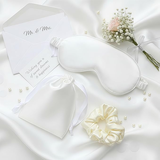 LCBD Silk Satin Sleeping Eye Mask, White Sleep Eye Night Blindfold for Women and Men, Soft Breathable Blackout Eyeshade Eye Cover for Travel, Wedding Bridesmaid Gift
