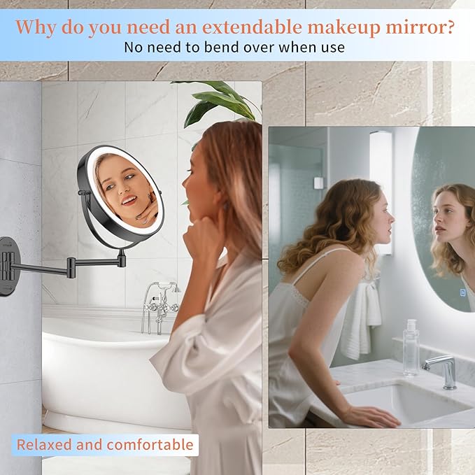 FUNTOUCH 9" 30X/1X Wall Mounted Lighted Makeup Mirror, 5000mAh Rechargeable Double Sided Magnifying Mirror with Adapter, 3 Color Lights,Touch Dimmable, 360 Rotation Extended Arm for Bathroom,Black