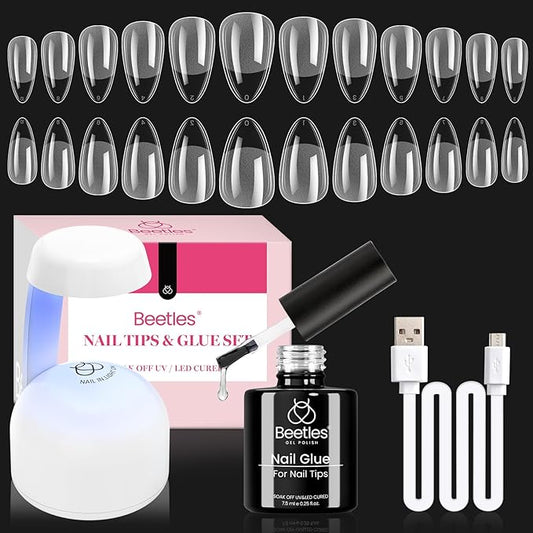 Beetles Gel Nail Kit Amond Shape - 504Pcs Gel Nail Kit Easy Extension Set Etch X Nail Tips Short Almond Half Matte Nail Tips 9 in 1 Glue Uv Led Light Gift for Women